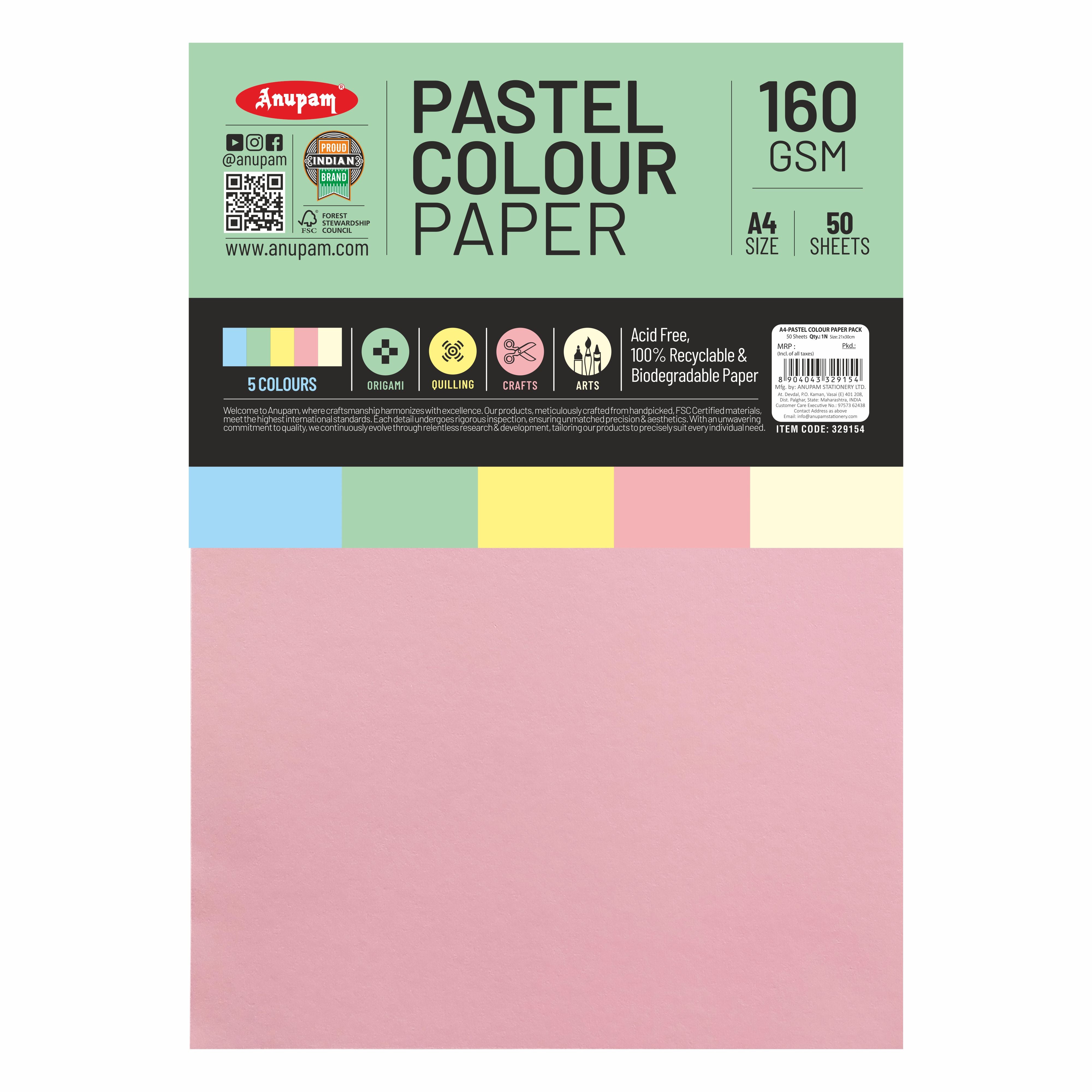 Anupam Colour Paper Pastel Shades 5 colour - 160 GSM Pack